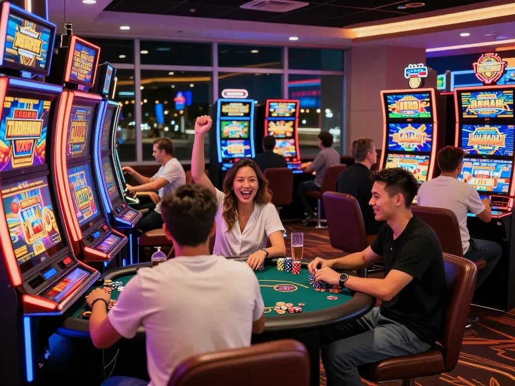 Suasana permainan yang menarik di mesin slot, menampilkan slot gacor hari ini dengan cahaya yang cerah dan pemain yang terlibat.