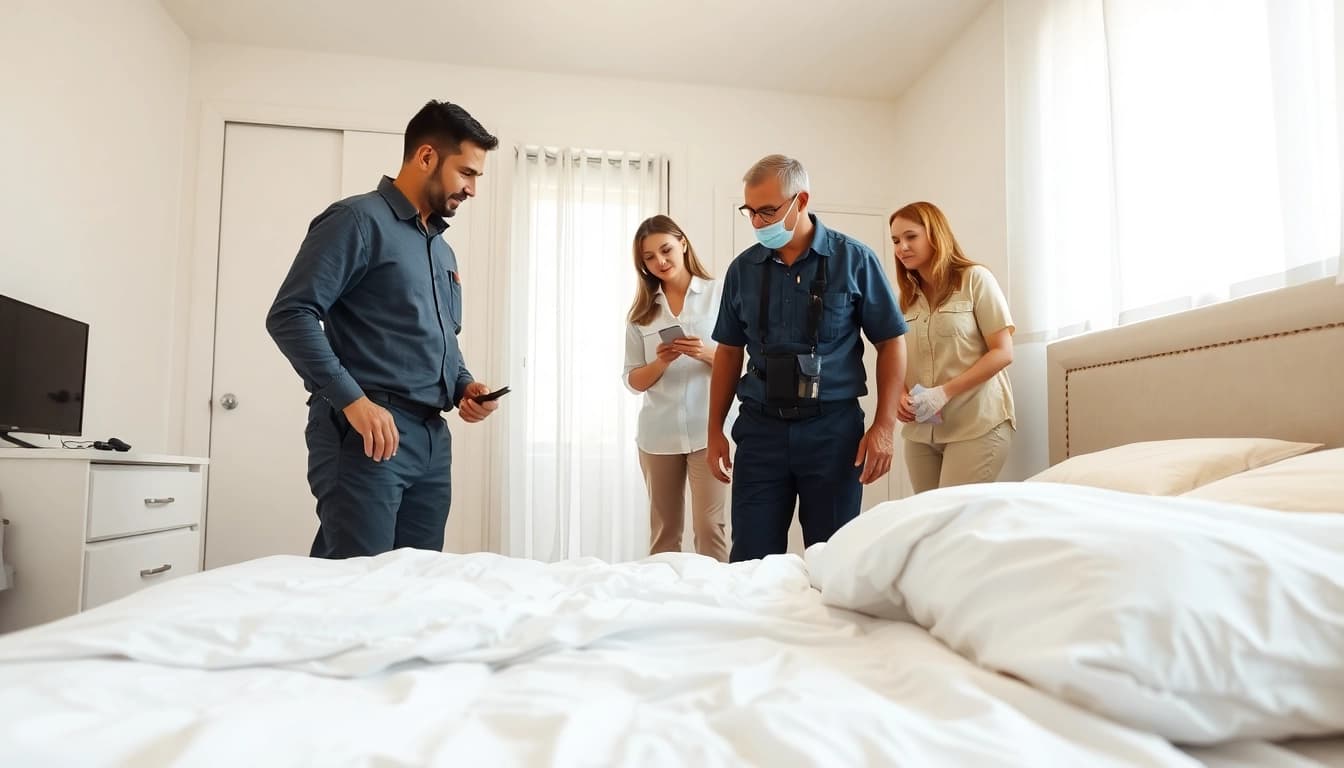 local bed bug exterminators inspecting a clean bedroom for infestation.