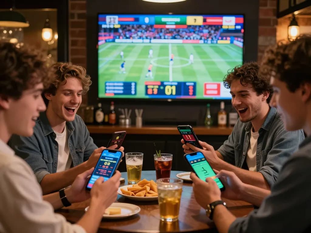 Engaged friends strategizing sports bets on mobile apps while watching live sports, 388bet excitement.