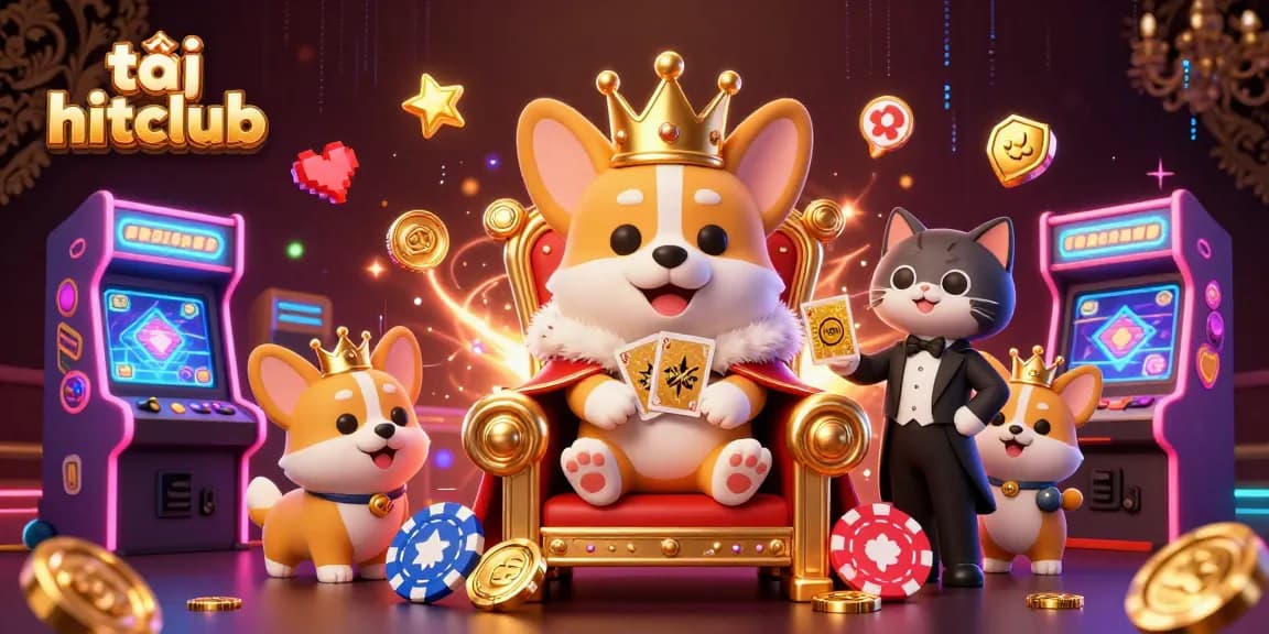 Experience the thrill of tải hitclub with a royal 3D corgi in a vibrant casino scene.
