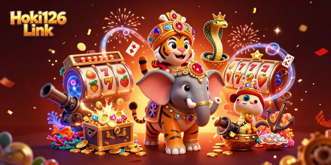Playing games at Hoki126 Link with a colorful 3D illustration featuring a royal tiger and casino elements.