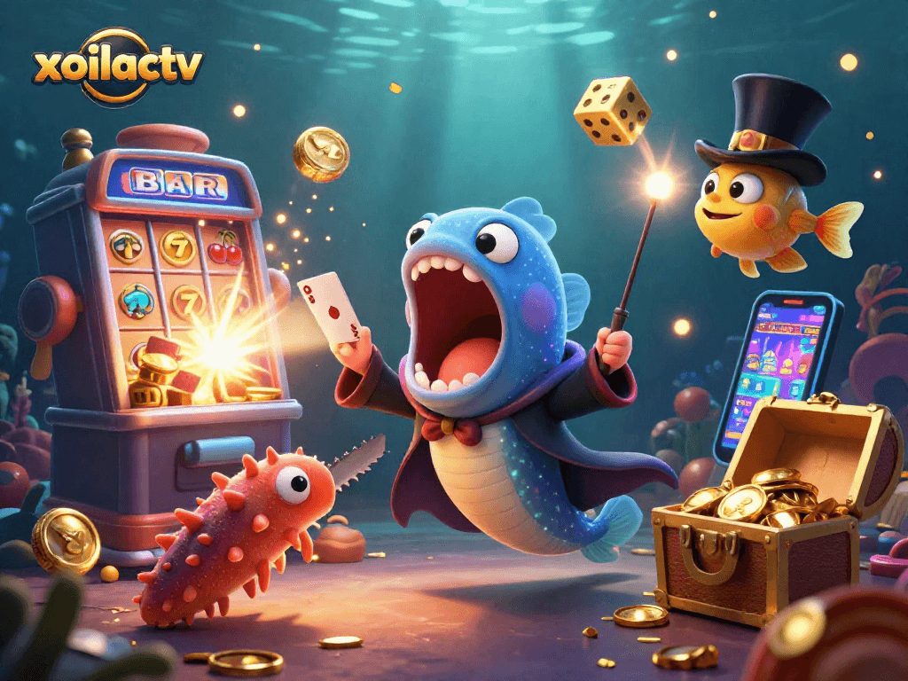 Experience immersive casino magic with Xoilactv as our underwater characters dazzle with card tricks and gold coins!