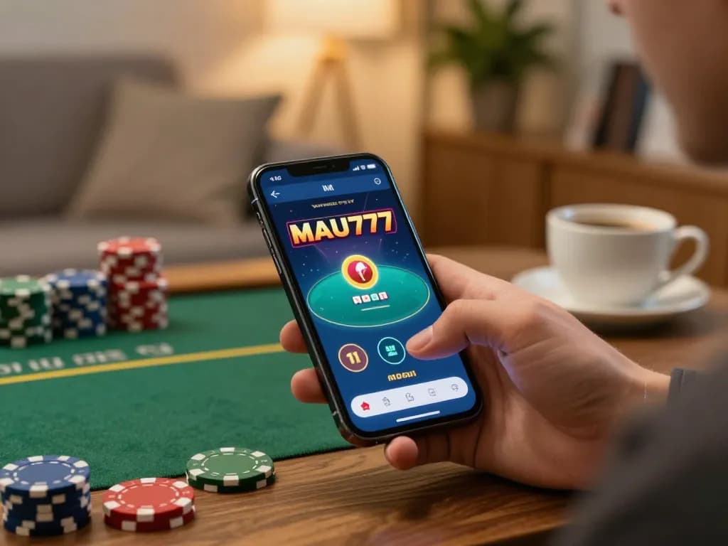 Player using the MAU777 app for online gaming while managing bankroll strategy in a cozy environment.