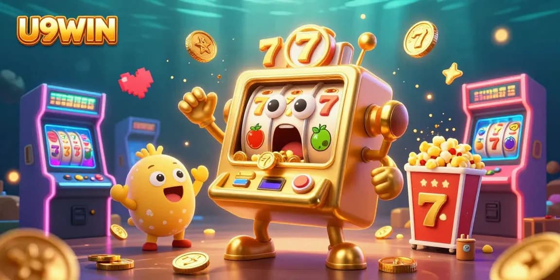U9WIN slot machine celebrates a jackpot, surrounded by cheering characters and arcade elements.
