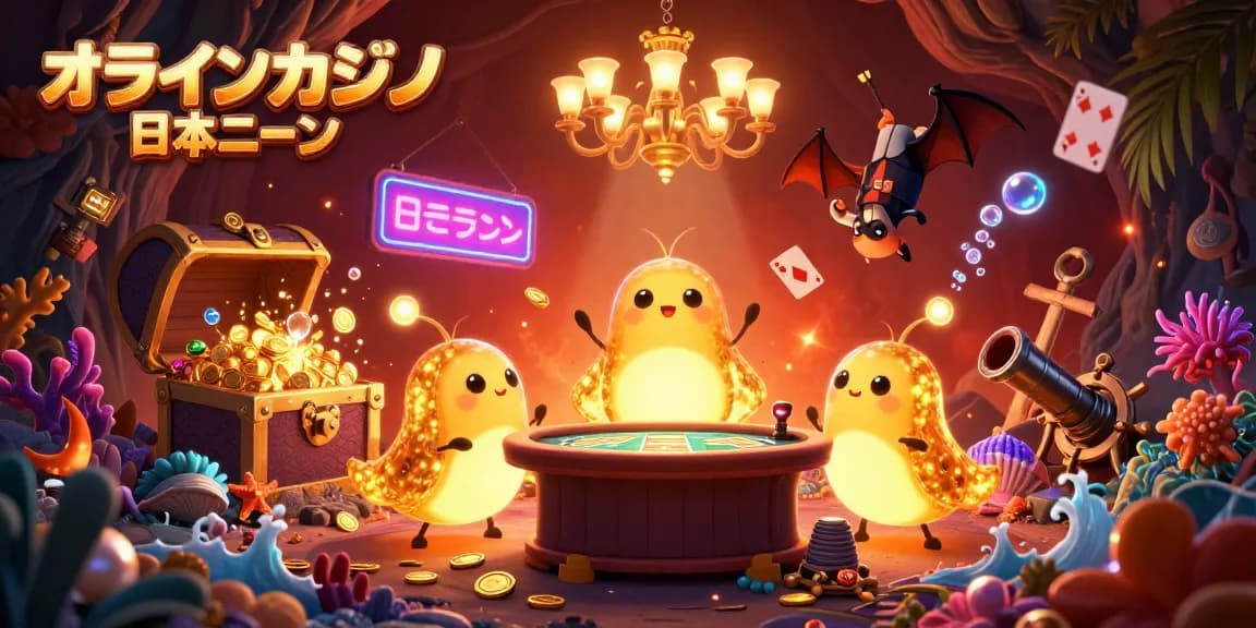 オンラインカジノ 日本語で楽しく遊ぶための光るキャラクターたちがカジノを照らすシーン