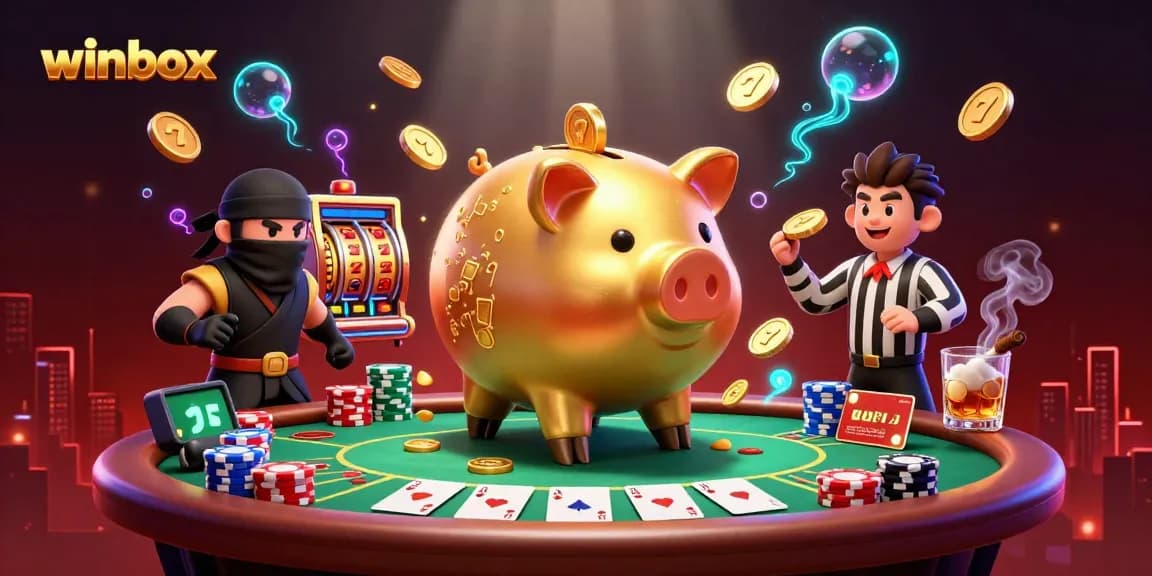 Winbox features a golden piggy bank sumo wrestler stomping coins while surrounded by poker elements.