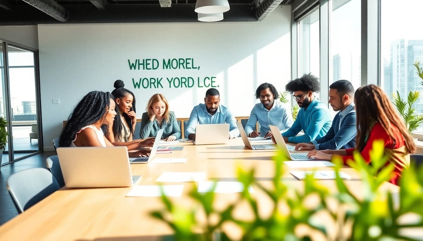 Dynamic professionals collaborating on workforce development strategies in an inviting workspace.