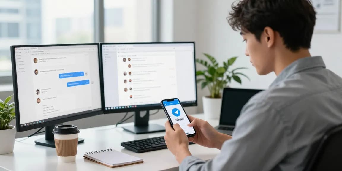 A young professional using telegram中文 on a smartphone in a modern office, showing a dynamic digital communication environment.