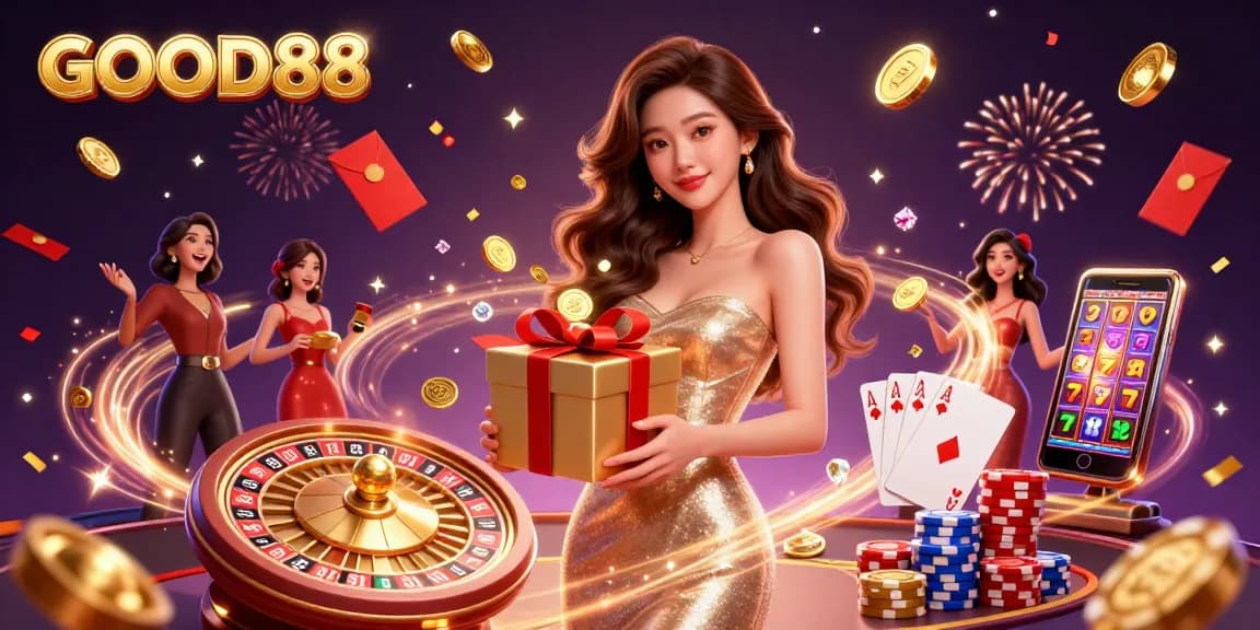 Celebrate wins at GOOD88 with vibrant casino-themed 3D illustration featuring festive elements.