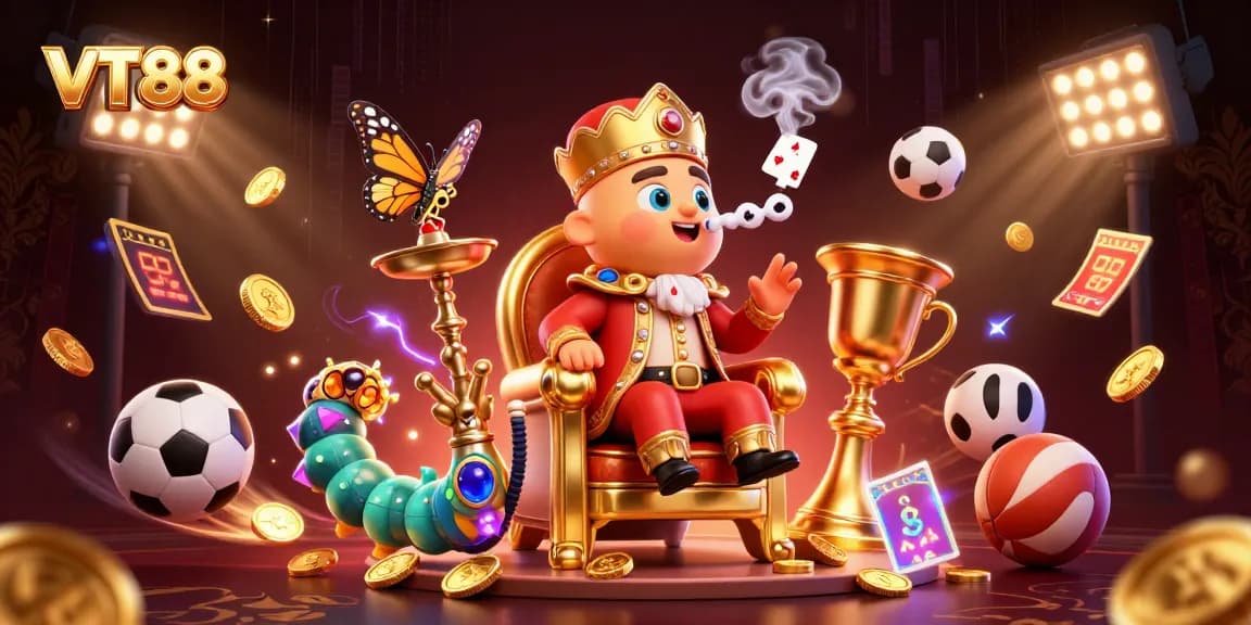 VT88 engages players with dynamic poker hand smoke rings and colorful sports gambling elements.