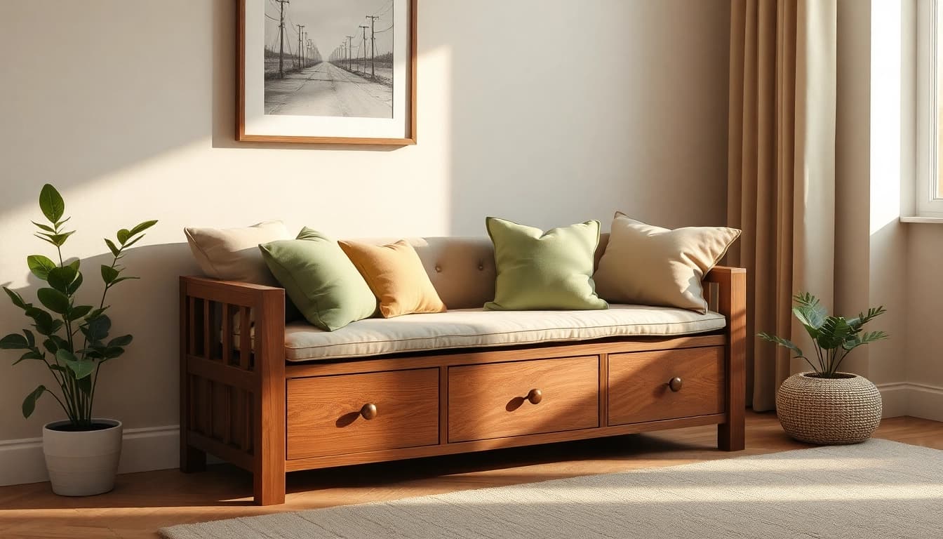 Cozy storage bench with plush cushions in a beautifully lit living room setting.