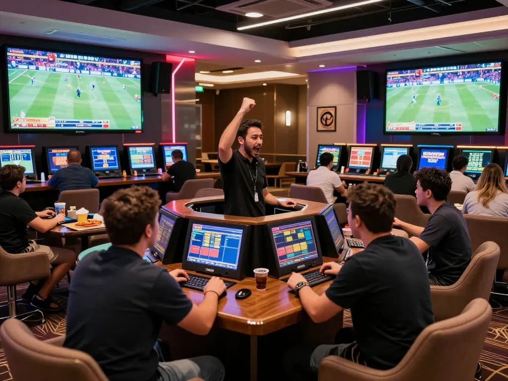 Engaged bettors placing IDNTRADE wagers in a luxurious sports betting area with screens showing live events.