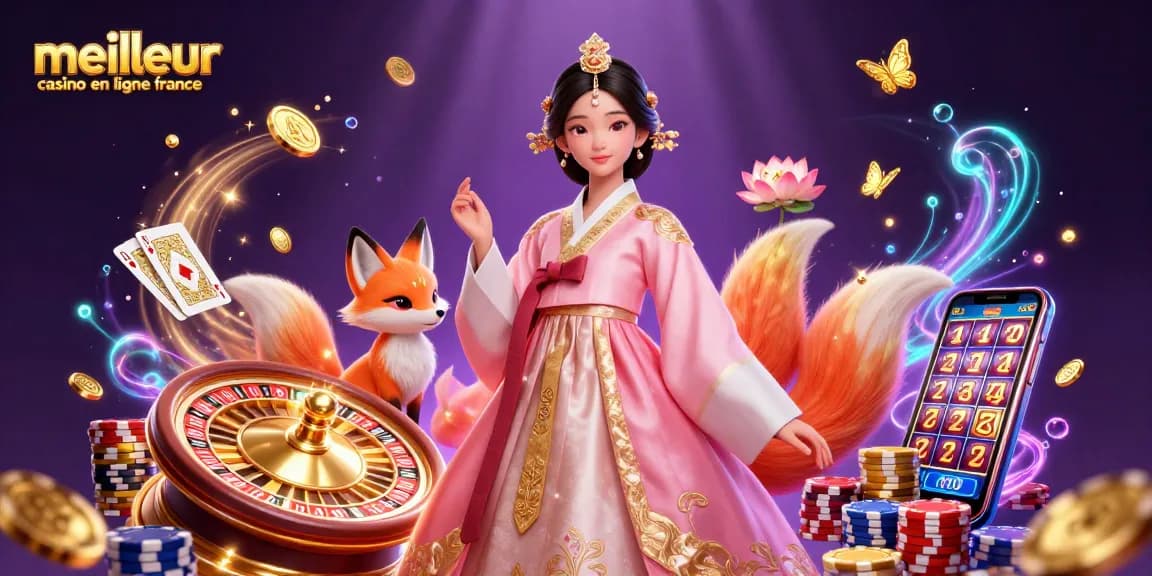 Découvrez l'excitation des meilleurs casinos en ligne France alors que des pièces d'or et des cartes tourbillonnent autour d'une femme vêtue d'un hanbok.