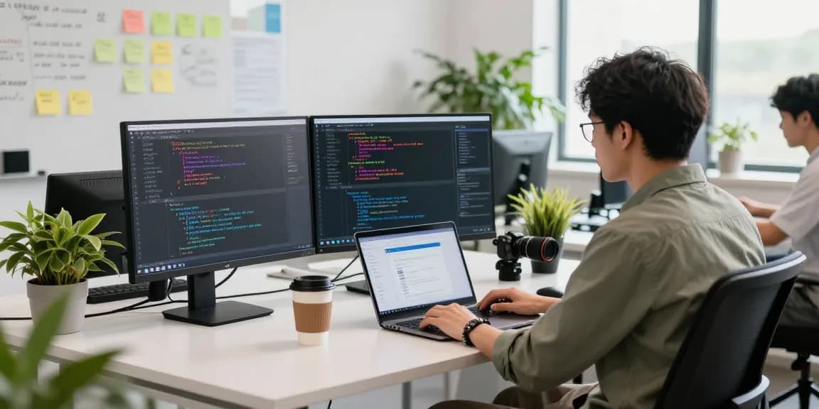 Developer setting up telegram中文 interface on dual monitors in a modern office.