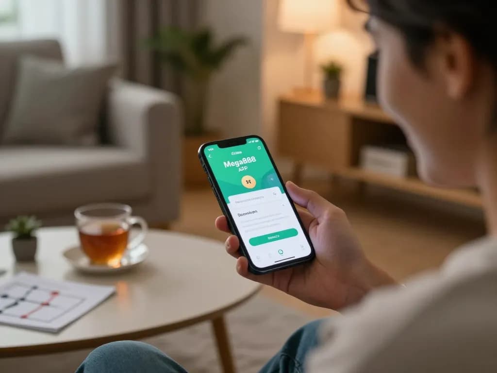 Download APK Mega888 from a smartphone in a cozy living room setting, emphasizing comfortable mobile gaming.