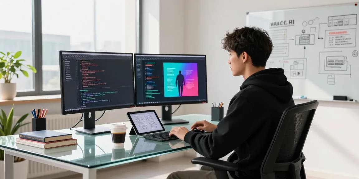 AI prompt image being developed in a modern tech workspace with dual monitors and coding elements.