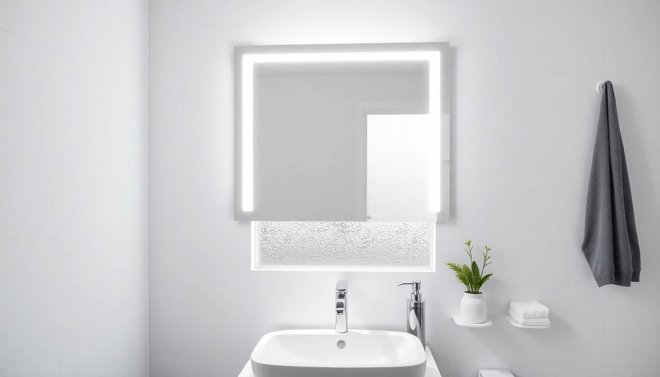 Spiegelschrank led mit integrierter Beleuchtung über einem modernen Waschbecken.