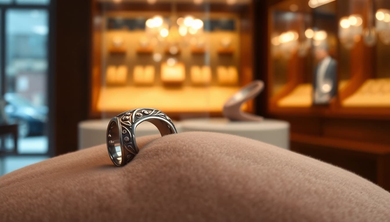 Showcasing exquisite tungsten rings with intricate designs on a luxury display, emphasizing elegance and quality.