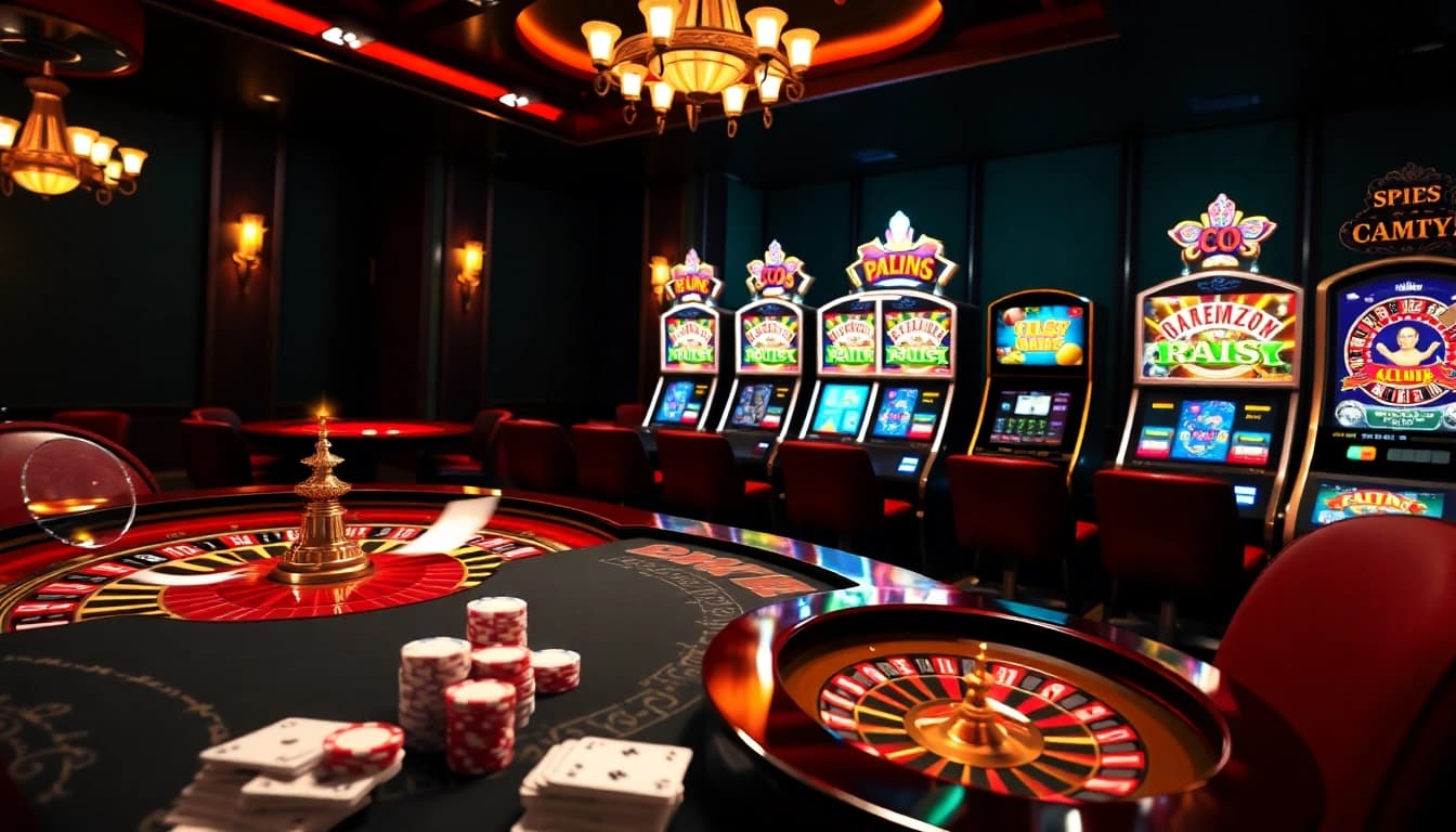 Action passionnante de casino en ligne argent réel avec des jetons de poker et une roue de roulette.
