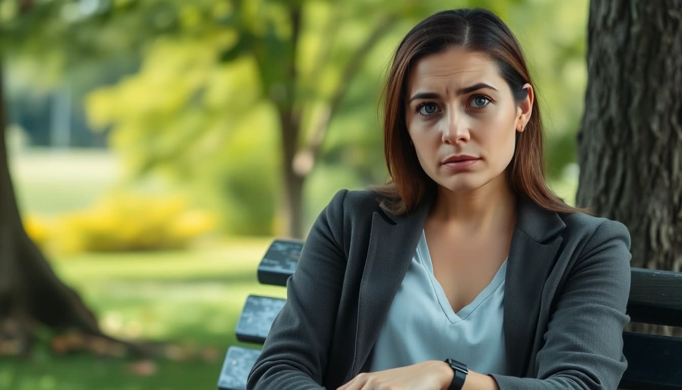 Illustration of anxiety symptoms highlighted through a woman's contemplative expression in a serene park.
