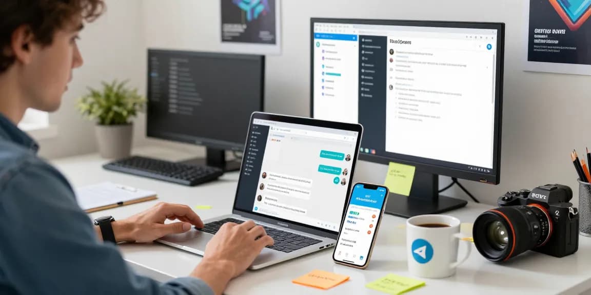 Engaging workspace showcasing telegram中文 communication on laptop and smartphone.