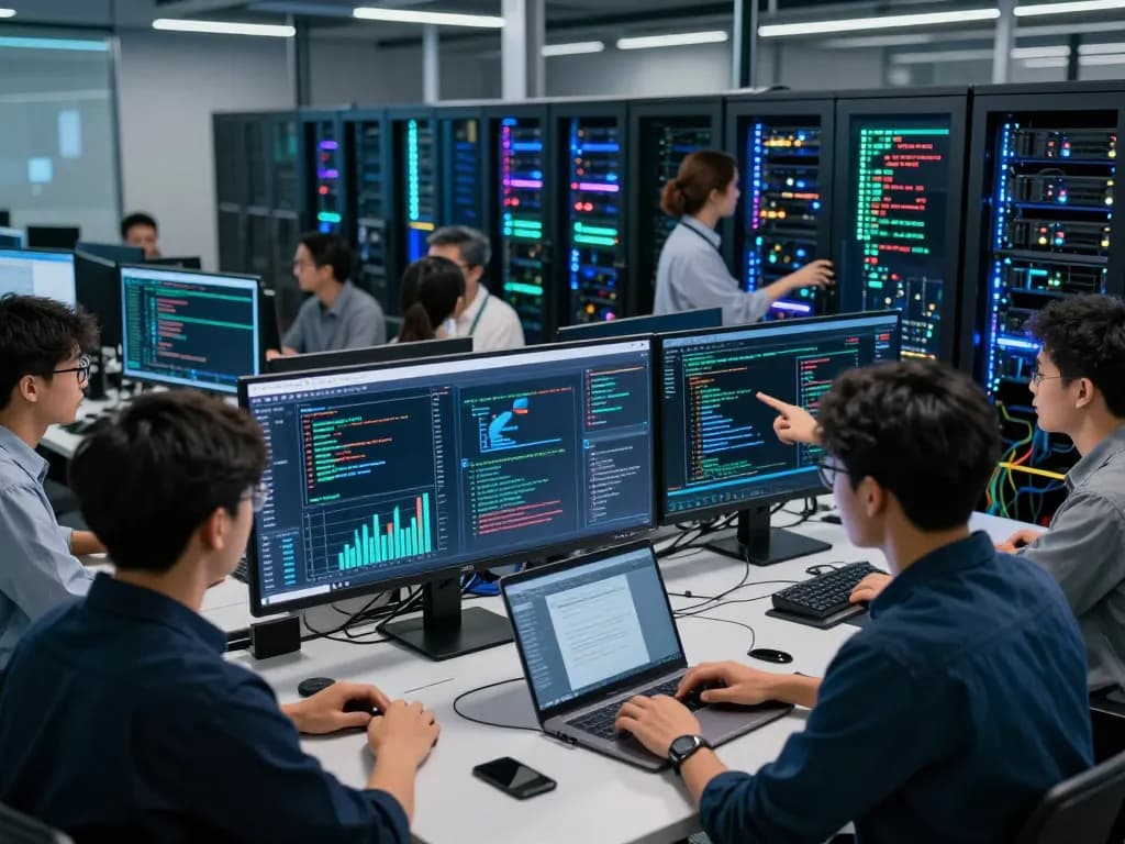 Collaborative team analyzing IODeFi cloud mining performance metrics in a modern data center, showcasing innovative technology.
