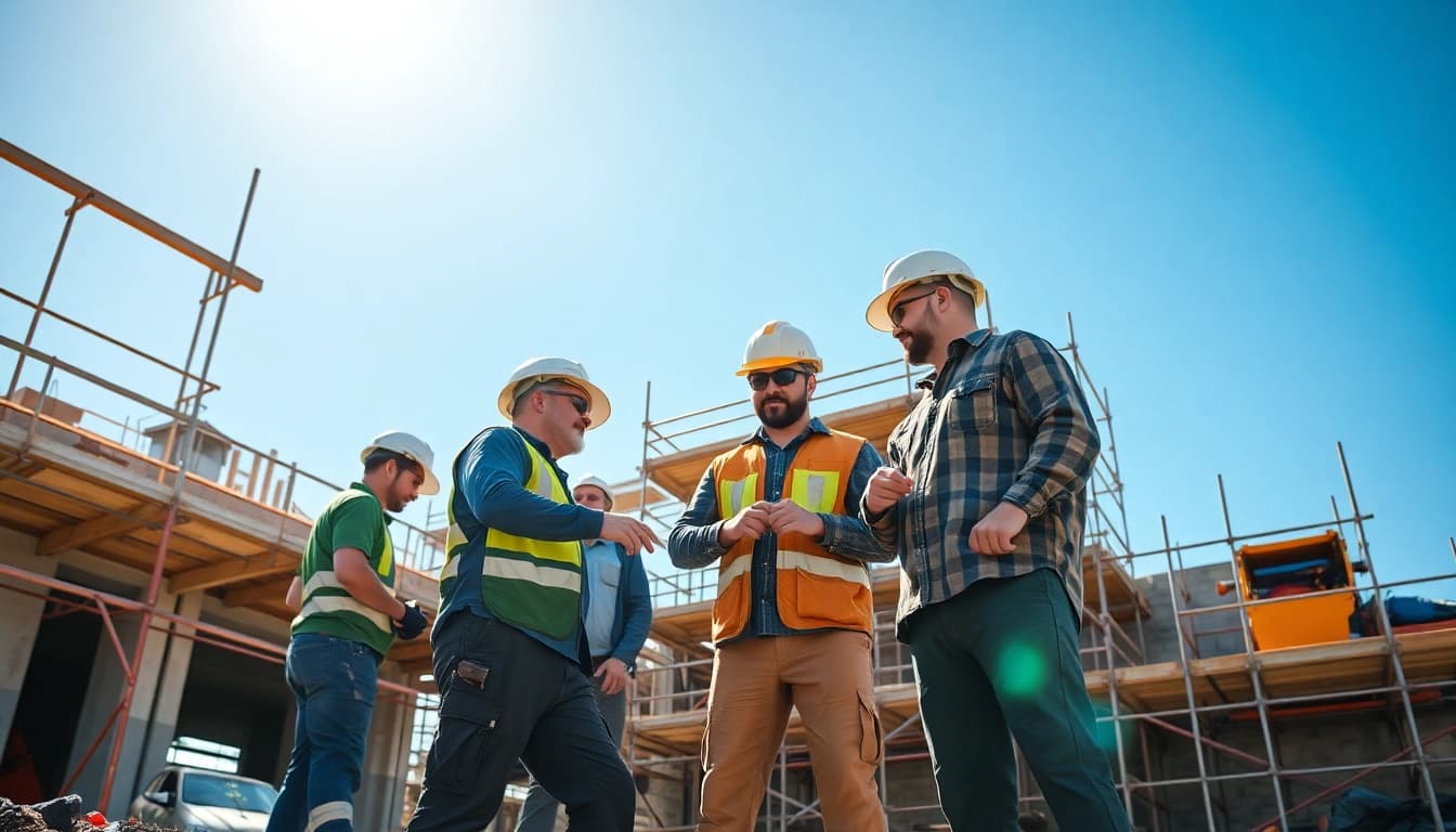 Team of construction workers collaborating at a construction site, embodying the essence of a construction association.