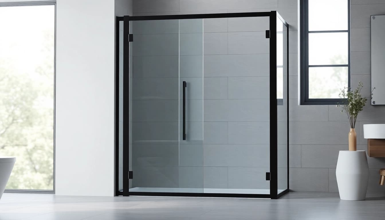 Admire la paroi de douche 150x200 en verre clair avec finitions noires dans un décor moderne.