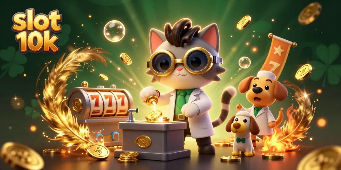 Spin the reels at slot 10k with the mad scientist cat in a vibrant, energetic casino scene.