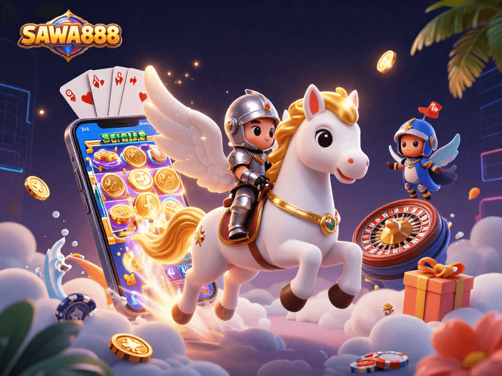 Experience exhilarating winnings with SAWA888's colorful gaming escapade featuring dynamic characters and rich casino visuals.