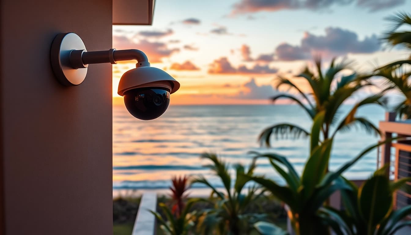 Cámaras de seguridad en Liberia instaladas en una casa costera en Costa Rica, mostrando tecnología avanzada con un atardecer de fondo.