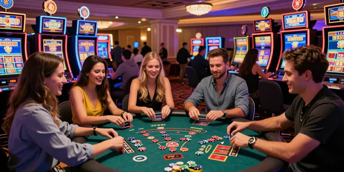 Exciting casino scene at https://lctltd.co.uk with friends enjoying credit card gaming and vibrant atmosphere.