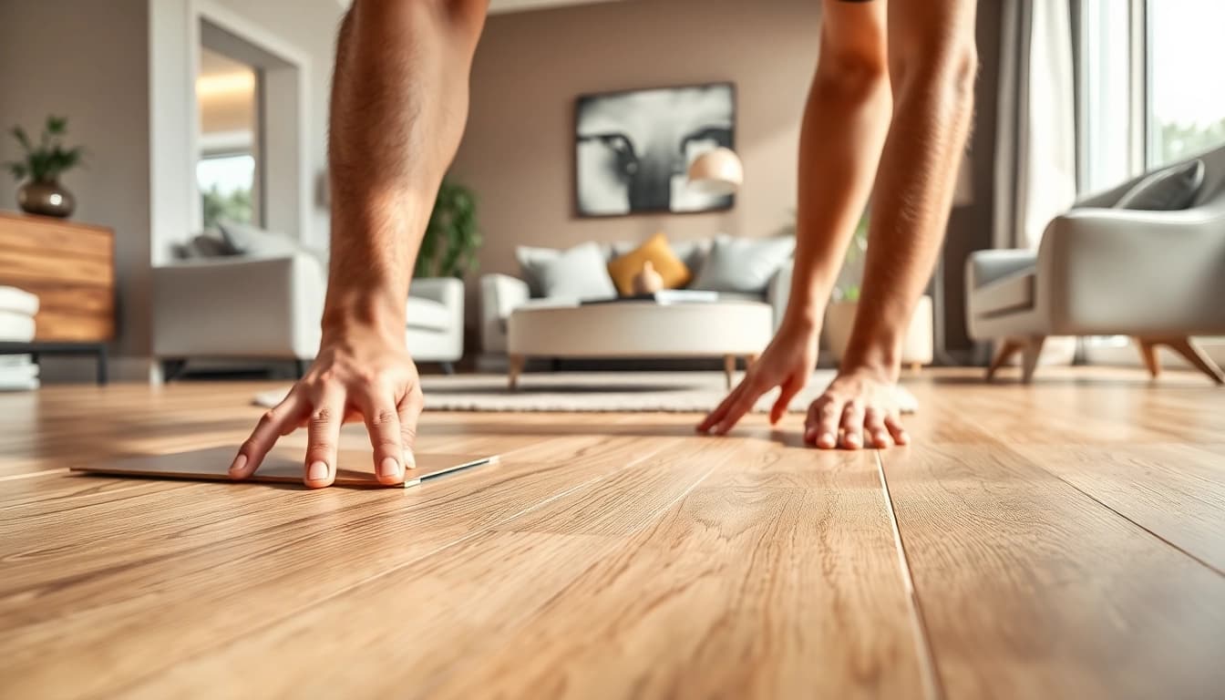 Hands expertly laying lvp flooring in a modern living room setting, highlighting design elegance.