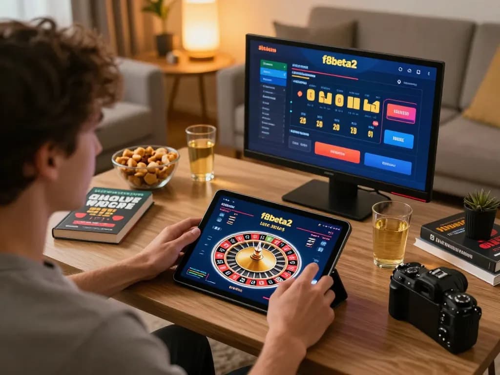 Player using f8beta2 app on tablet for live dealer roulette in a cozy living room setting.