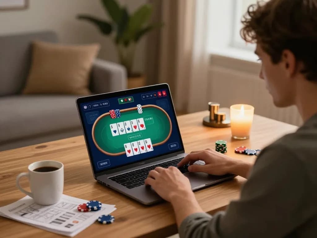 Engaging in online poker games on a laptop, showcasing strategic gameplay at home, b52.