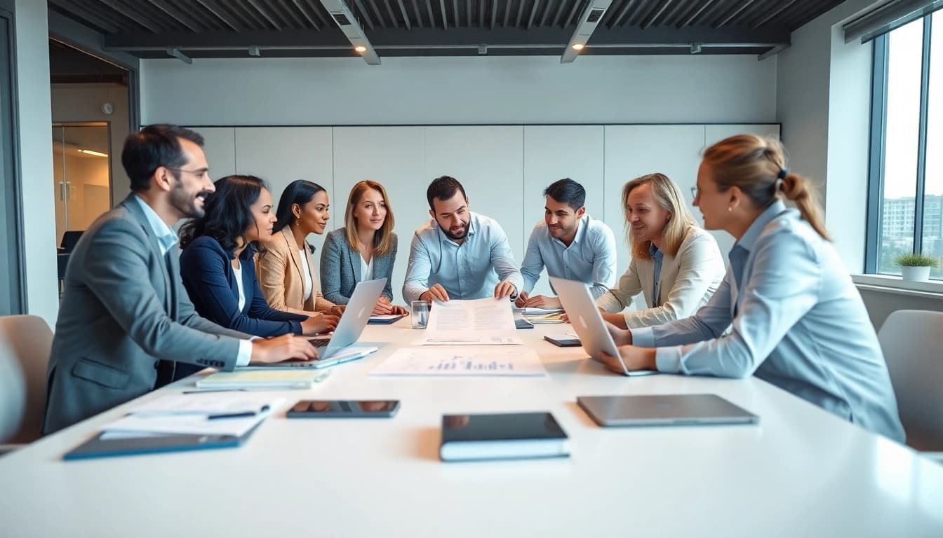 Team discussing Contract Management strategies at a modern office conference table.