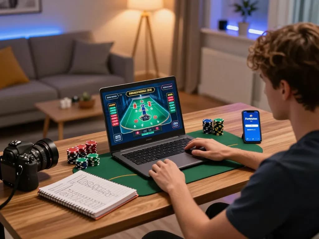 Engaging with Fun88 com online casino on a laptop at home, highlighting strategy and enjoyment.