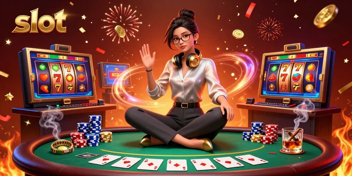 Engaging slot game scene with a skilled Asian woman gaming at her high-tech setup amid dynamic reels and poker chips.