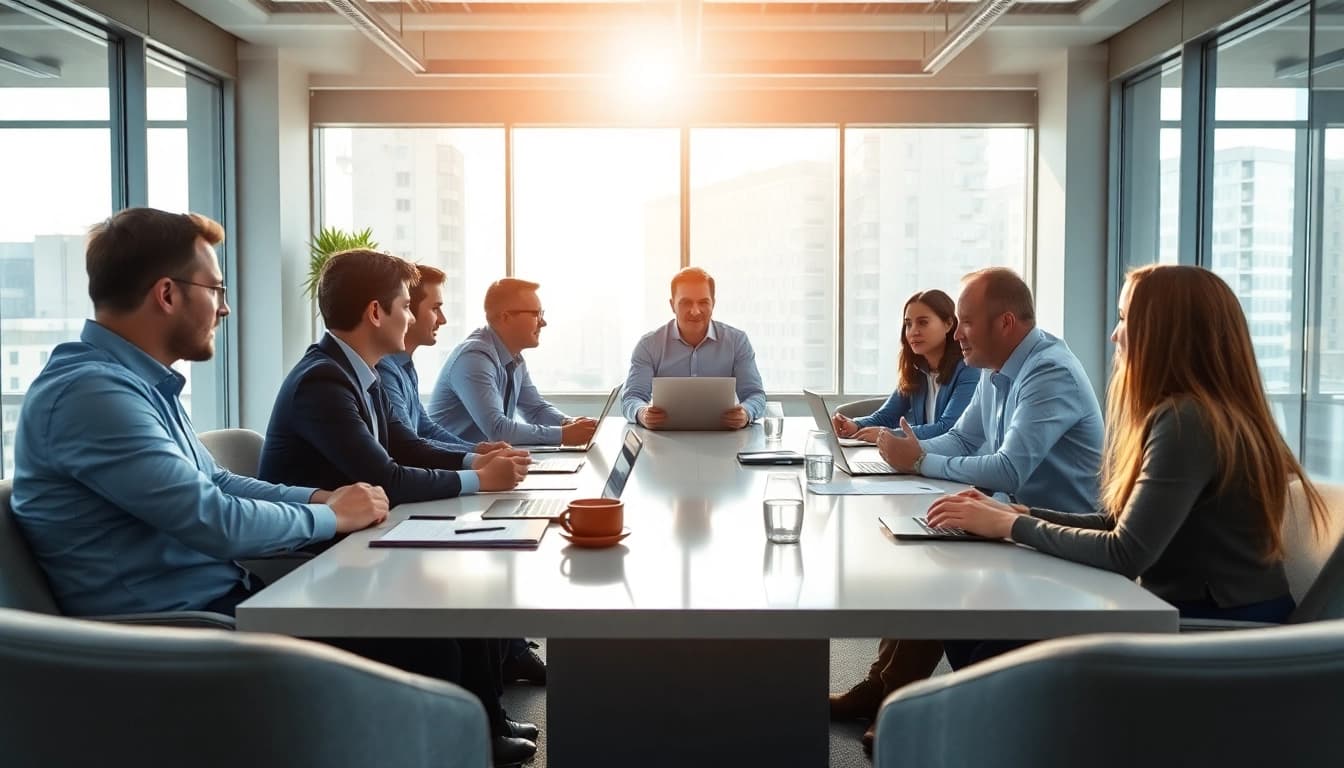Engaged team performing a Bid-No-Bid Analysis in a modern office environment.