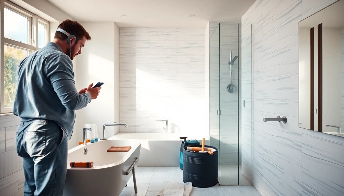 Bathroom remodelers collaborating on a stylish renovation featuring elegant fixtures and inviting atmosphere.