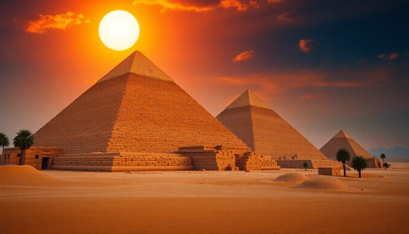 Ancient Egyptian piraminds illuminated by sunset, showcasing their majestic structures and textures.