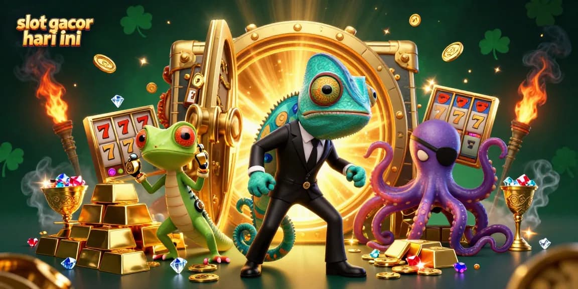 Slot gacor hari ini menampilkan ilustrasi digital 3D penuh warna dengan karakter kasino berinteraksi di tengahnya.