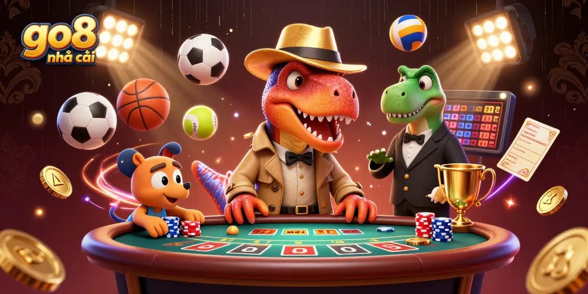 Experience captivating action at go8 nhà cái with a velociraptor at a blackjack table, surrounded by casino elements.