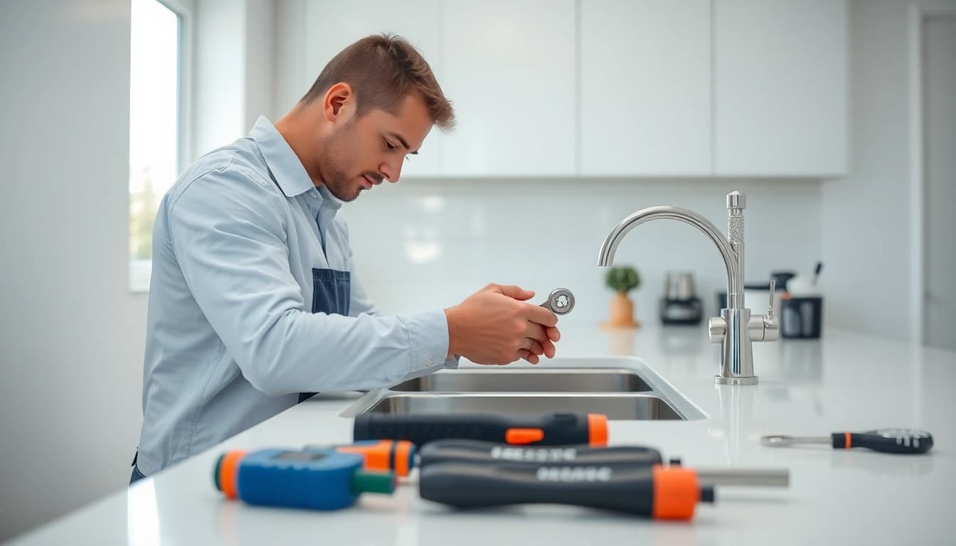 Plumber repairing a kitchen sink with tools organized around him, showcasing expertise and professionalism.