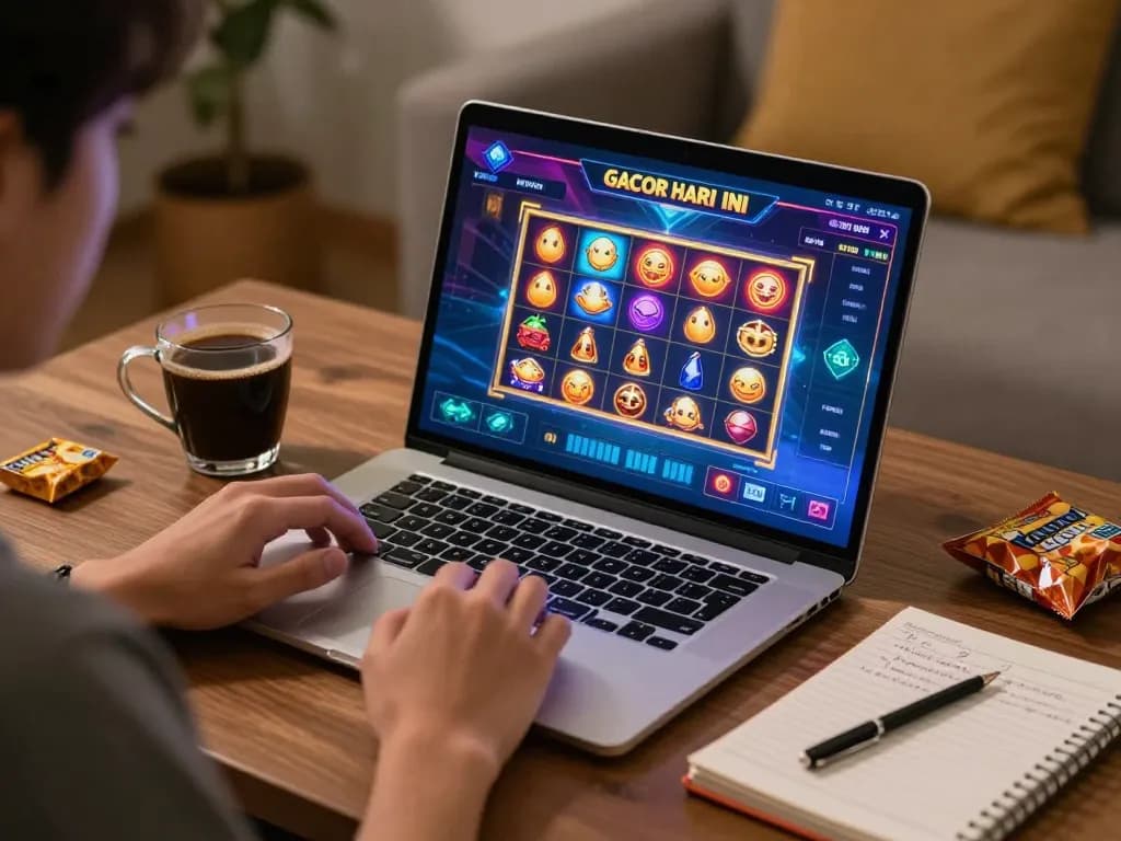 Player enjoying slot gacor hari ini on a laptop with vibrant casino interface and cozy atmosphere.