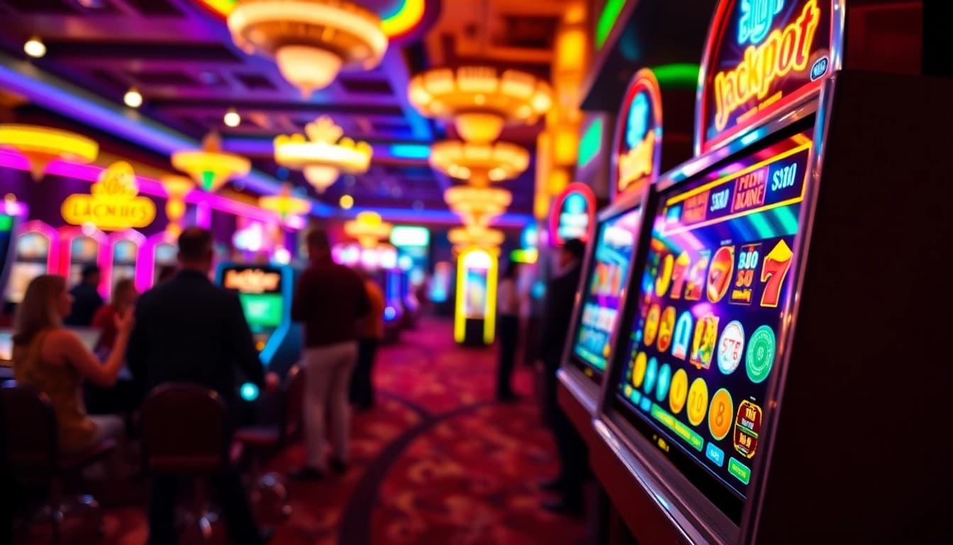 Slot77 menunjukkan mesin slot yang menang di kasino yang penuh warna dan suasana ceria.