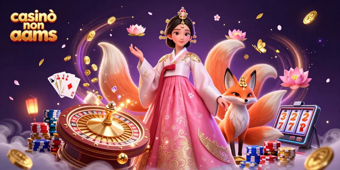 Scopri il fascino dei casinò non AAMS con una donna asiatica elegante, una volpe fortunata e elementi di casinò scintillanti.