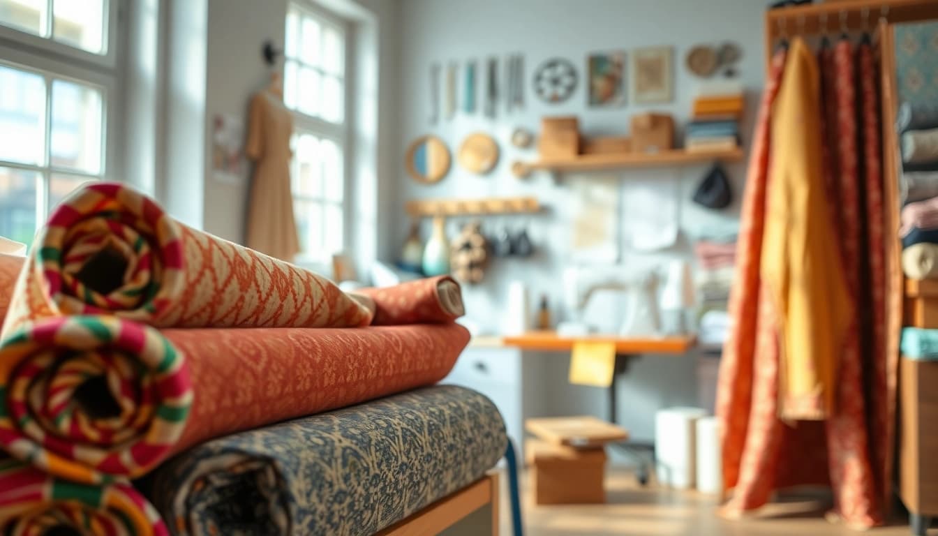 Vibrant wafelstof fabric display in a cozy sewing studio with colorful patterns.