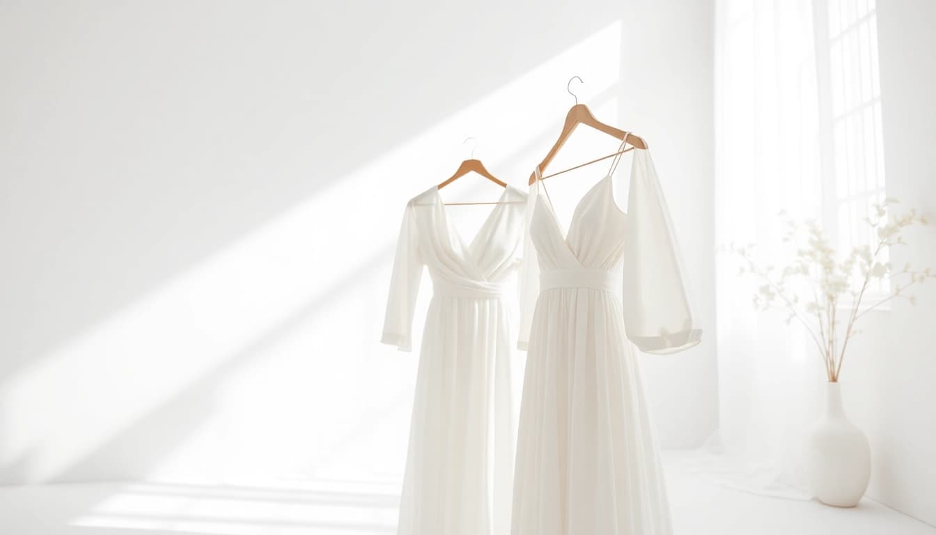 Showcasing elegant Rivelle garments in a bright, minimalist studio setting.
