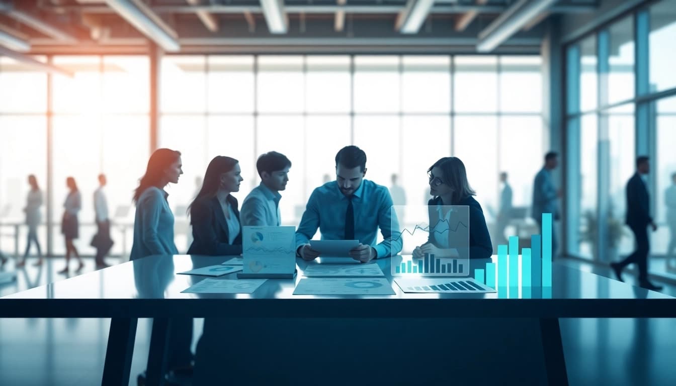Visual representation of competitor pricing analysis strategy with detailed charts and team collaboration.